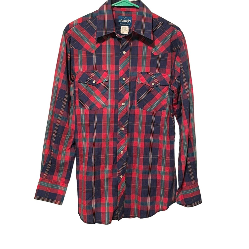 Wrangler Western Pearl Snap Men's Small 14-14.5 Red Plaid Long Sleeve Shirt